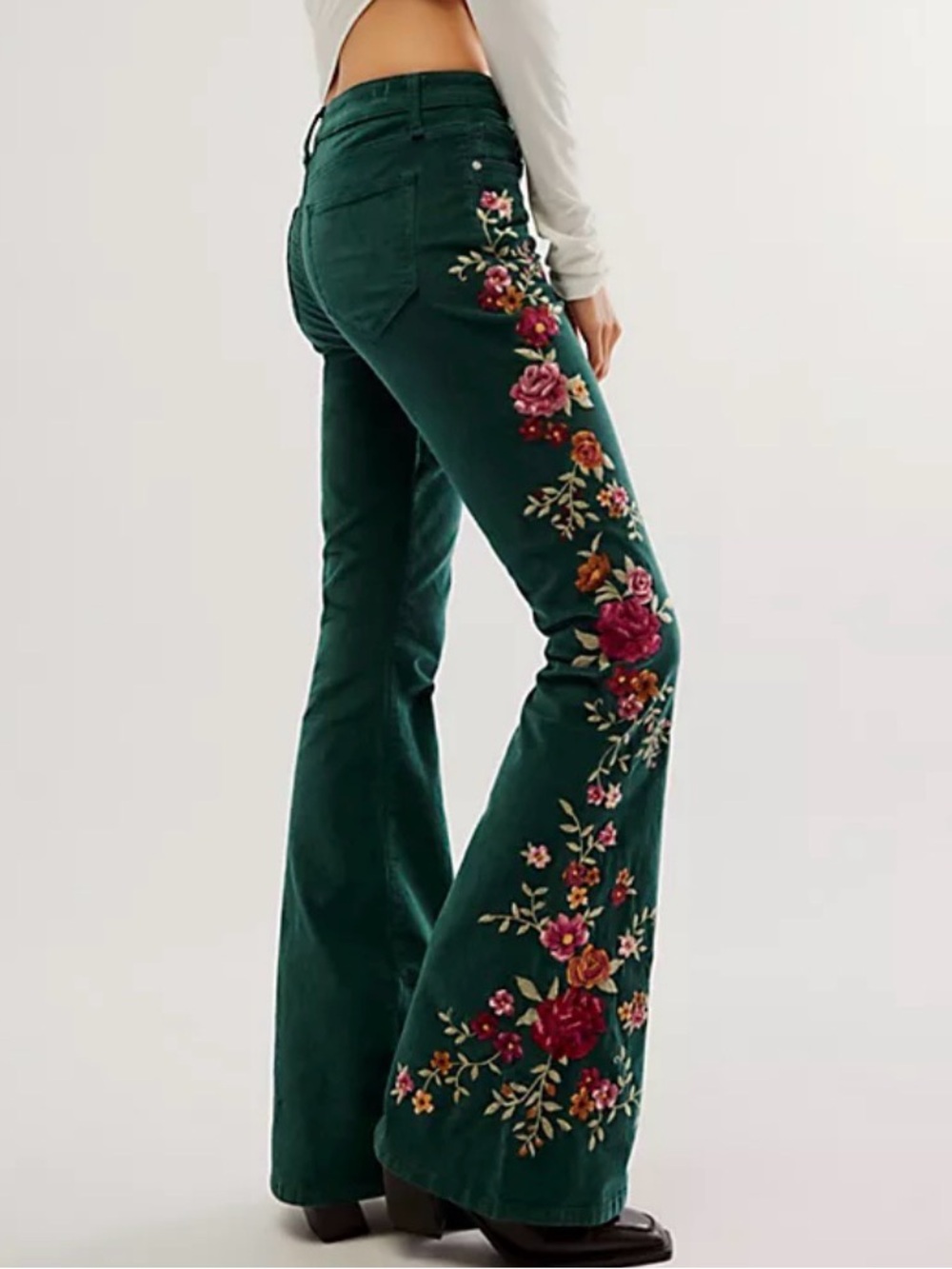 Driftwood Farrah Corduroy Embroidered Floral Flare Pants|Dark Green multi NWT~24